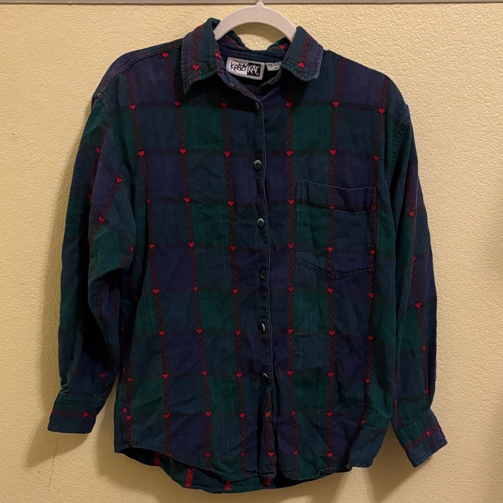 krazy kat Navy and Forest Green Plaid Button-Down Shirt with Red Heart Detail